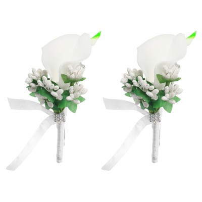 Unique Bargains Calla Lily Boutonnieres Silk Ribbon Artificial Flowers with Pins 2 Pcs