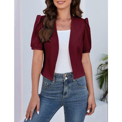 Womens Summer Cardigan Short Puff Sleeve Open Front Office Top Bussiness Jackets Work Suit for Women