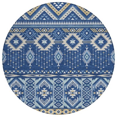 HomeRoots 8' Navy Blue Beige And Ivory Round Aztec Washable Indoor Outdoor Area Rug