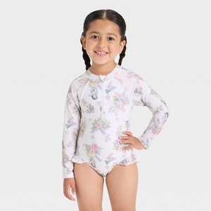 Toddler Girls' Disney Princess Long Sleeve Half Zip One Piece Rash Guard Swimsuit - Ivory - 1 of 3