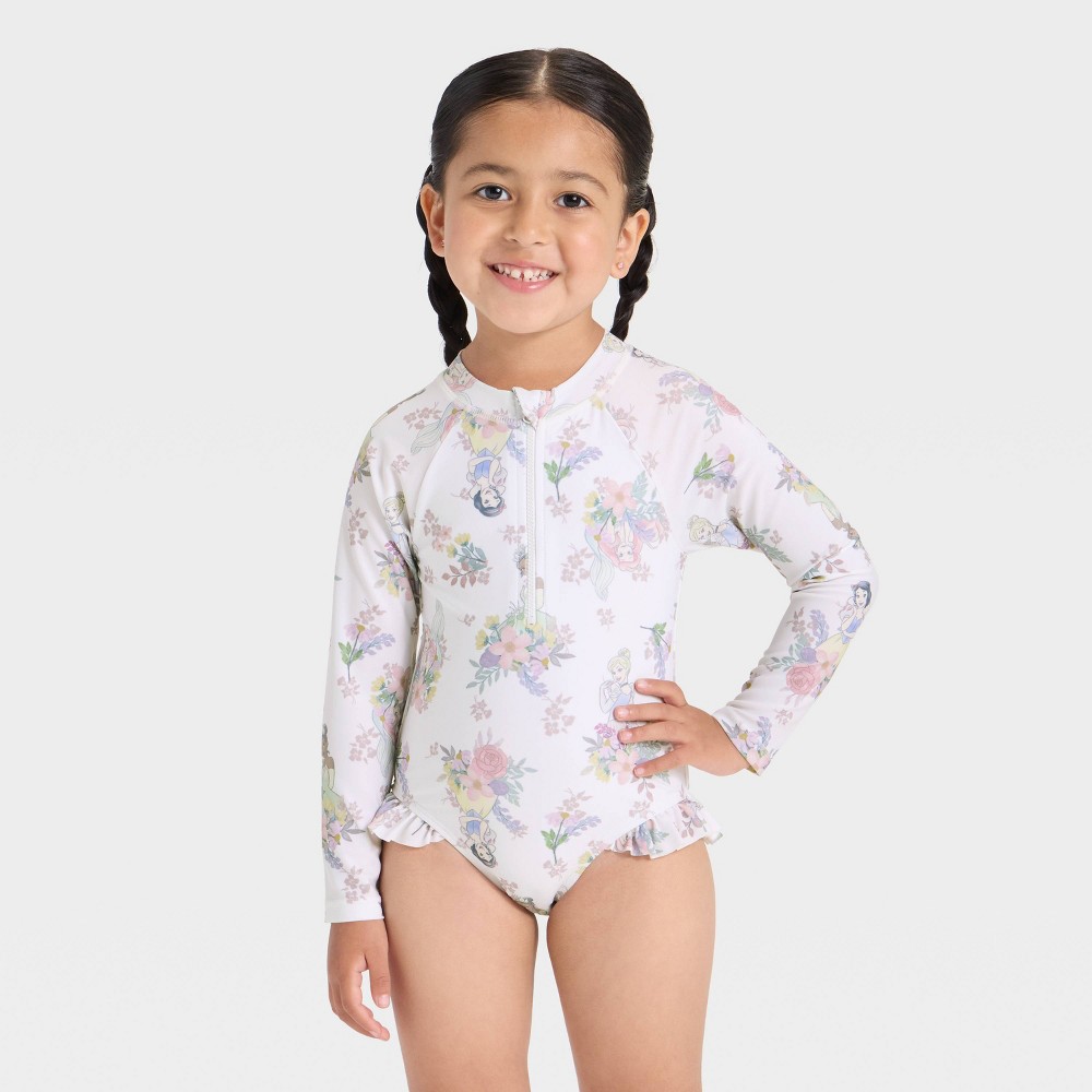 Toddler Girls' Disney Princess Long Sleeve Floral Half Zip One Piece Rash Guard Swimsuit - Ivory 2T