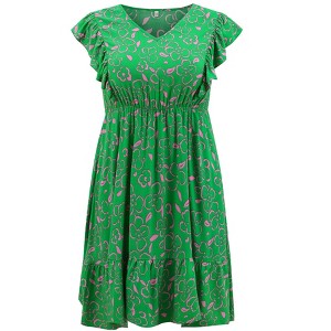 Women's Plus Size Floral V-Neck Ruffle Sleeve Elastic Waist A-Line Dress with Pockets - GRACE & GRANDEUR - 1 of 4