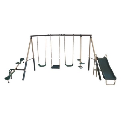 XDP Recreation Outdoor Play Kids Backyard Playset Swing Set with Slide, Stand And Swing, Fun Glider, & See Saw, Supports Up To 800 Pounds, Ages 3 To 8