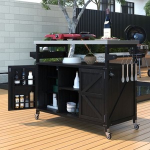 YOOCOZZ Outdoor 100% Fir Wood Rolling Kitchen Island & Grill Bar Cart with Stainless Steel Top and Ample Storage Space - Black - 1 of 4