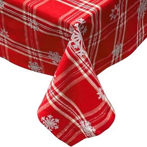 KOVOT Tablecloth - Red & White Plaid with Foil Accents Snowflakes -100% Cotton Table Cover for Christmas, Winter & Holiday's - 1 of 4