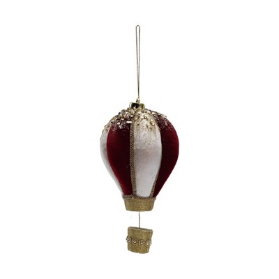 Storied Home Foam and Fabric Hot Air Balloon Ornament with Embroidery, Glitter, Sequins and Beads, Gold Finish, Burgundy Color and White
