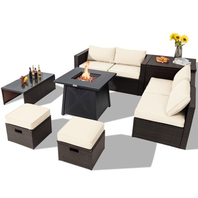 Tangkula 9PCS Outdoor Patio Furniture Set with 30" Propane Fire Pit Table PE Wicker Space-Saving Sectional Sofa Set w/ Storage Box & Cushions