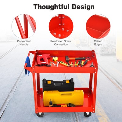 Red Metal 2-Tier Utility Cart with Wheels and Handle