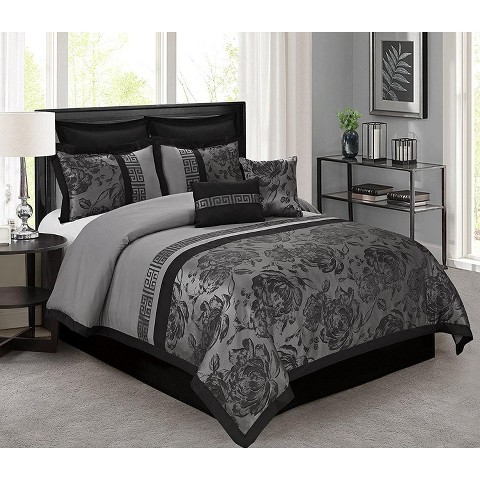 HIG 8-Piece Jacquard Fabric Patchwork Bed in a Bag, Gray Queen Size Comforter Set with Floral Damask Design, Shams, Bedskirt & Decorative Pillows