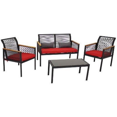 Sunnydaze Outdoor Resin Rattan Coachford Patio Conversation Furniture Set with Loveseat, Chairs, and Table - Red - 4pc