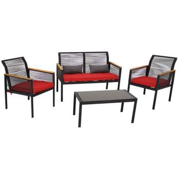 Sunnydaze Outdoor Rattan Coachford Patio Conversation Furniture Set with Loveseat, Chairs, Seat Cushions, and Coffee Table - 4pc