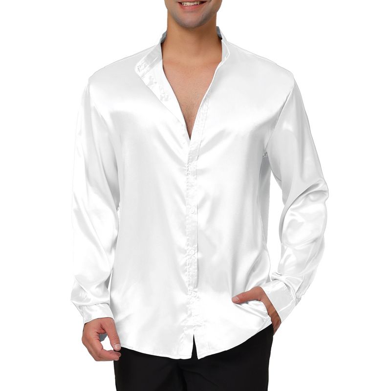 Lars Amadeus Men's Long Sleeves Band Collar Button Down Solid Prom Satin Shirts, 2 of 7