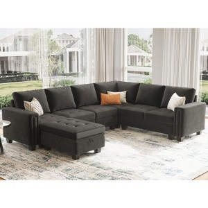 Belffin Modular Velvet Tufted L Shaped Sofa Couch with Storage Ottoman 7-Seater - 1 of 4