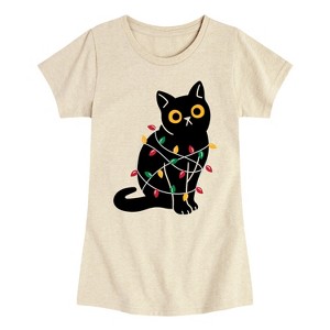Girls' - Instant Message - Cat Wrapped in Christmas Lights Fitted Short Sleeve Graphic T-Shirt - 1 of 4