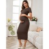 INSPIRE CHIC Women's Maternity Dress Bodycon Midi Fitted Side Ruched Ribbed Knit Short Sleeve Pregnancy Photoshoot Baby Shower Church - 2 of 4