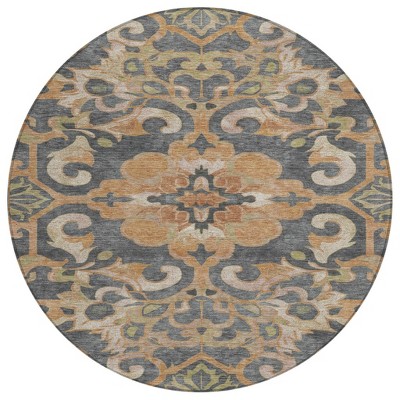 HomeRoots 8' Terra Cotta And Charcoal Round Damask Washable Indoor Outdoor Area Rug