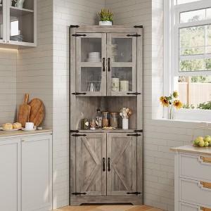 67" Tall Corner Storage Cabinet with Lights, Farmhouse Corner Hutch Display Cabinet with Glass Doors, Wooden Storage Organizer for Kitchen - 1 of 4