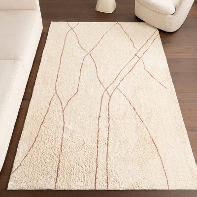 Beige and Red Abstract Cotton Area Rug, 4' x 6'