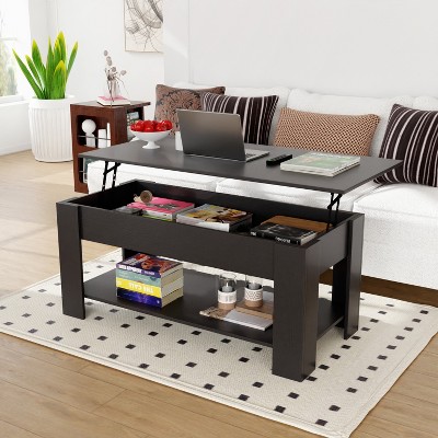 Black Rectangular Wood Lift-Top Coffee Table with Storage