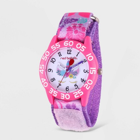 Girls Red Balloon Unicorn Plastic Time Teacher Watch Purple