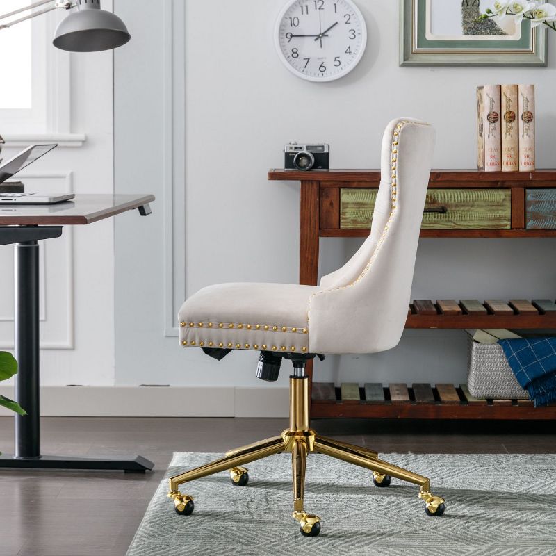 Swivel Furniture Office Chair, Adjustable Desk Ergonomic Chair, Velvet Upholstered Tufted Button Home Office Chair with Golden Metal Base-The Pop Home, 4 of 10