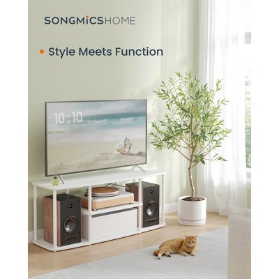 TV Stand for up to 50-inch TVs.Toolless assembly. Measuring 43 x 14 x 18 inches, it's a media center table with shelves.