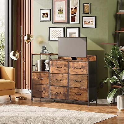 GALAXHERO 8-Drawer Fabric Dresser TV Stand with Charging Station and Open Shelves, Wood Top Storage Chest of Drawers for Bedroom, Living Room, Hallway