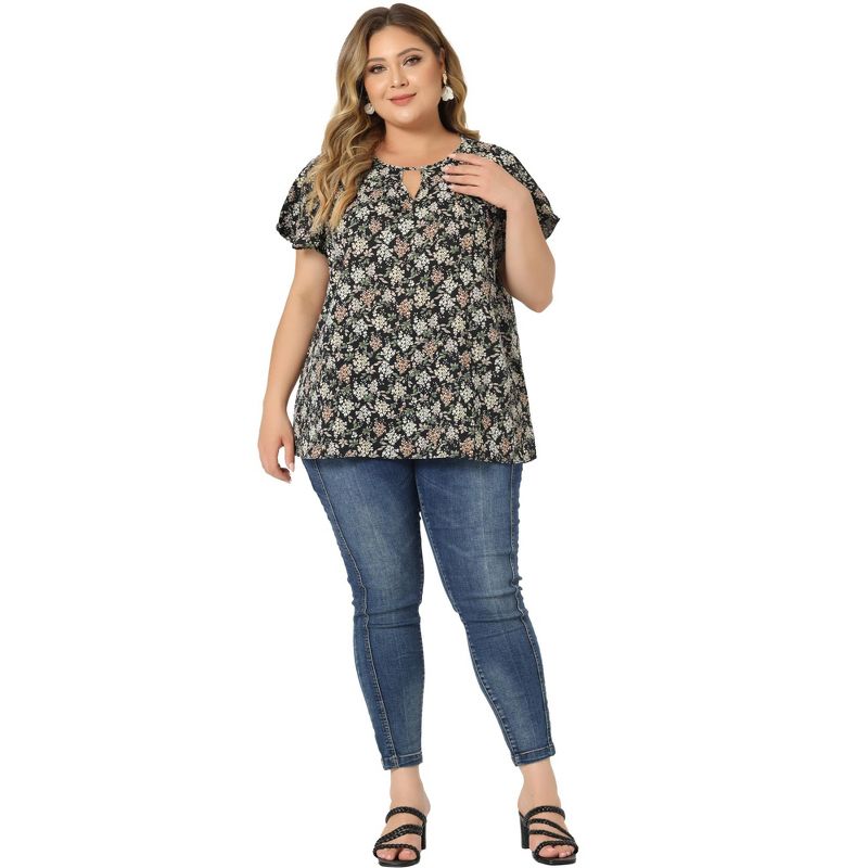 Agnes Orinda Women's Plus Size Keyhole Floral Chiffon Short Flared Sleeve Summer Trendy Peasant Tops, 4 of 8