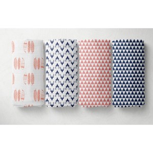 Bacati - Olivia Coral/Navy Muslin Buck/Feathers/Triangles Swaddling Blankets set of 4 - 1 of 4