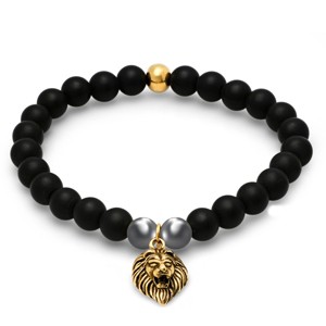 Steeltime Men's black lava beaded bracelet with stainless steel lion. Color Options: Silver, Gold - 1 of 4