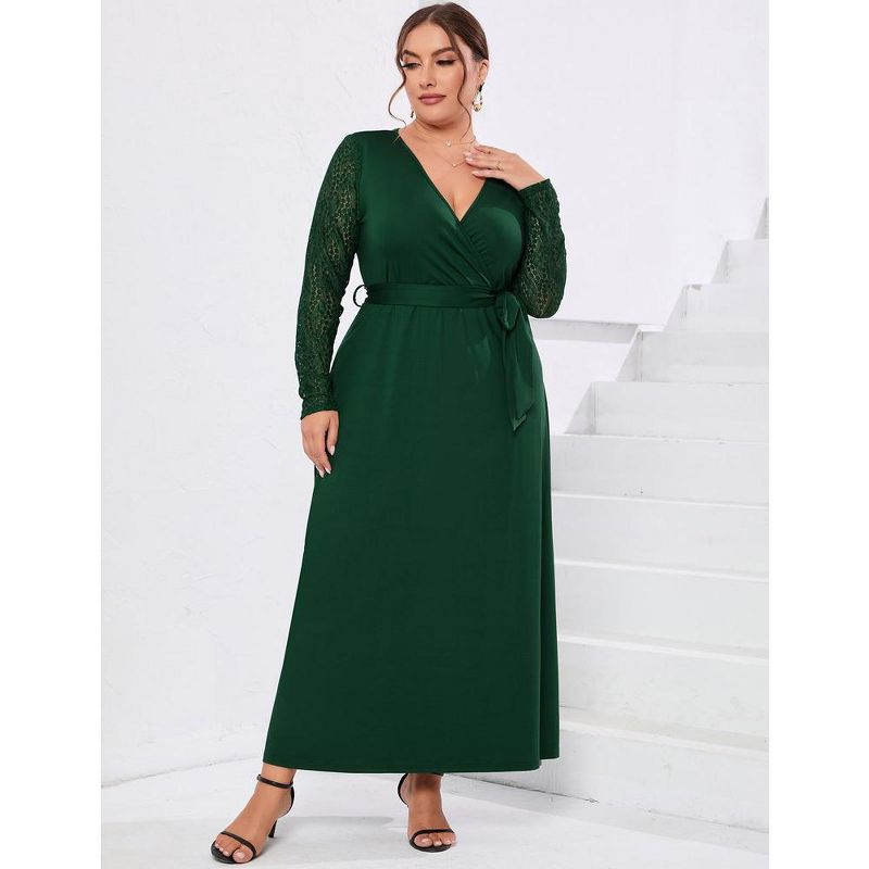 Plus Size Formal Maxi Dress for Curvy Women Wrap V Neck Dress Wedding Guest Dresses Lace Long Sleeve Fall Dress, 2 of 7