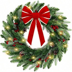 22 Inch Holiday Wreath with Lights Red Bow Pinecones Berries Artificial Indoor Outdoor Door Window Porch Decor - 1 of 4