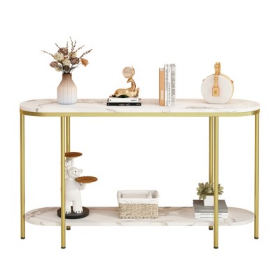 Syemin Console Tables Console Table 2 Tier Narrow Entryway Table with Shelves Faux Marble Narrow Table Narrow Sofa Table, Beige, 42.1"*11.4"*30.5"