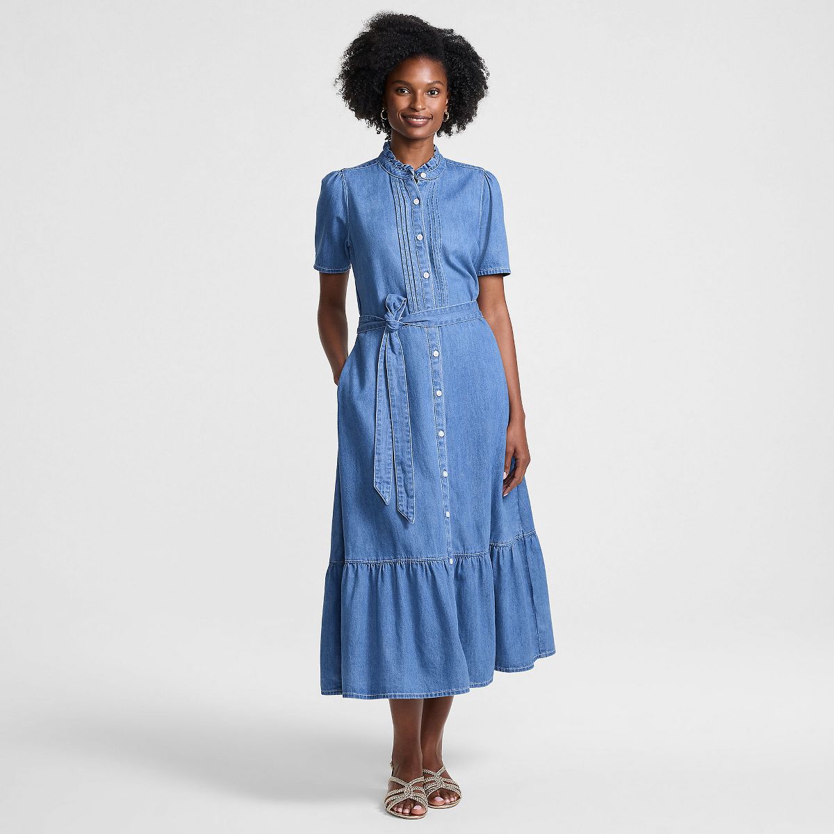 Lands' End Women's Light Weight Denim Tiered Midi Dress