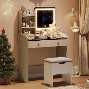 Makeup Vanity Desk Set with LED Lighted Mirror and Charging Station, 2 Drawers, 4 Open Shelves, Storage Stool ,Dressing Table for Bedroom - 1 of 4