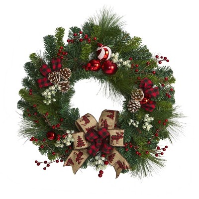 Nearly Natural 24” Christmas Pine Artificial Wreath with Pine Cones and Ornaments