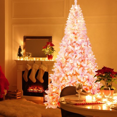 Tangkula 7.5ft Snow Flocked Prelit Christmas Tree, Artificial Snow Flocked Christmas Tree W/450