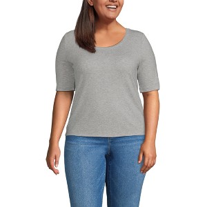 Lands' End Women's Plus Size Drapey Rib Fitted Elbow Sleeve Scoop Neck Tee - 1 of 3