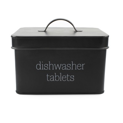 AuldHome Design Black Enamelware Dishwasher Pod Holder, Tablet Container; Kitchen Storage Tin w/ Lid