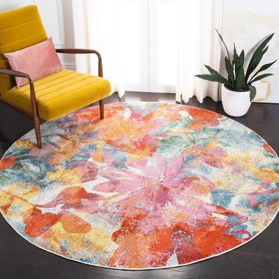 Lillian Blue Floral Round Synthetic Area Rug