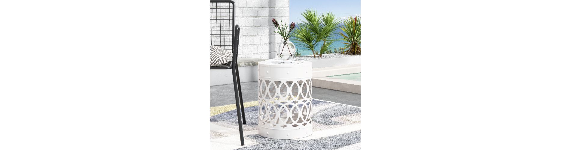Lyngins Iron Cut Design Outdoor End Tables, Cylindrical Patio End Table, Outdoor Side Table with Overlapping Circle Pattern, White