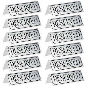 Juvale 12-Pack Small Metal Reserved Table Signs for Wedding, Restaurant, Seating Reservation, Etched Silver Design, 4.7x1.5 in - 1 of 4