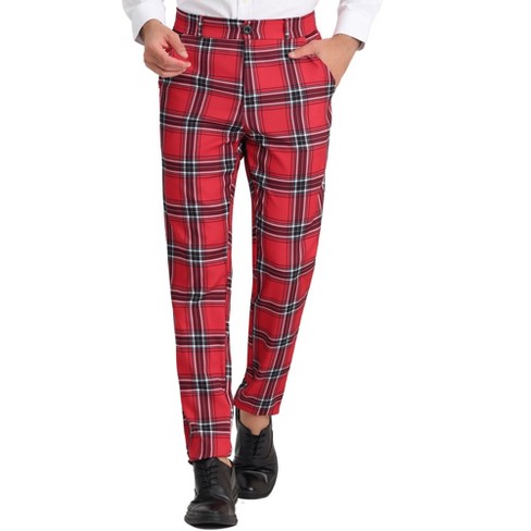 Unique Bargains Women's Christmas Plaid Trousers Pockets Straight Leg  Casual Pant L Red Black 