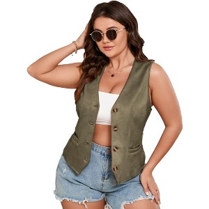 Whizmax Womens Plus Size Button Vintage Vests Jacket V-Neck Faux Suede Cardigan Outerwear with Pockets - 1 of 4