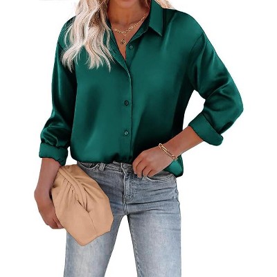 Zeagoo Women's Blouse Satin Silk Shirts Button Down Shirts Casual Loose Long Sleeve Office Work Tunic Tops