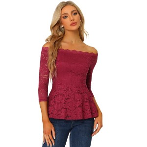 Allegra K Women's Elegant Lace Floral Semi Sheer 3/4 Sleeve Off Shoulder Peplum Top - 1 of 4
