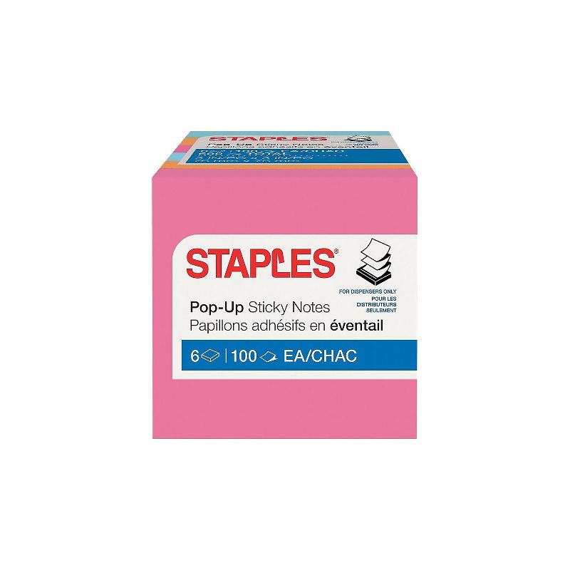 Staples Stickies Pop-up Std Notes 3" x 3" Asst Colors 100 Sh./Pad 6 Pads/PK 565448, 1 of 3