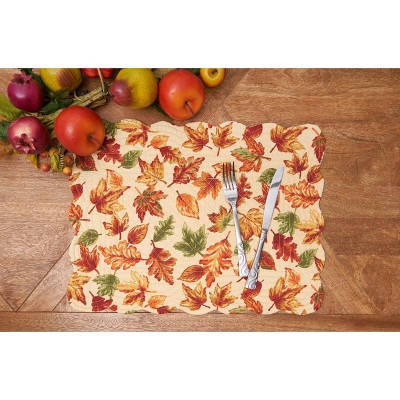 Autumn Leaves Quilted Cotton Placemat, 13" x 19", Beige and Red