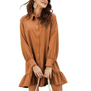 Women's Babydoll Ruffle Hem Shirt Dress Button Up Long Sleeve Collared Mini Dress - 1 of 4