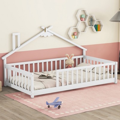 Twin Size Montessori Floor Bed with Safety Guardrails and Door for Toddler